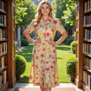 Vintage Kathie Lee Butter Yellow Pink Floral Button Down Maxi Y2K Dress Size 12